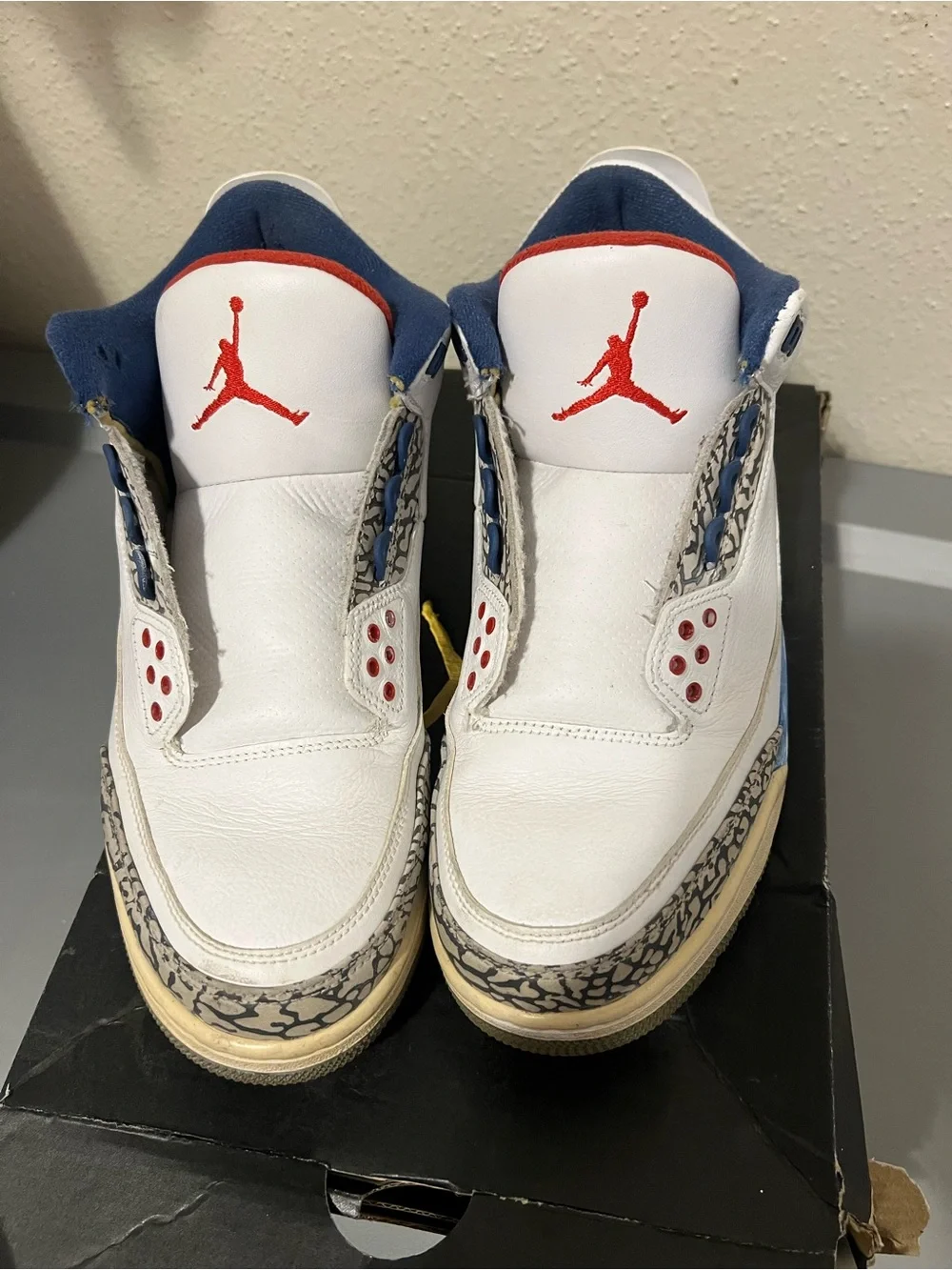 Nike White/Blue/Red Air Jordan 3 Men’s Sneakers with Elephant Print Accents